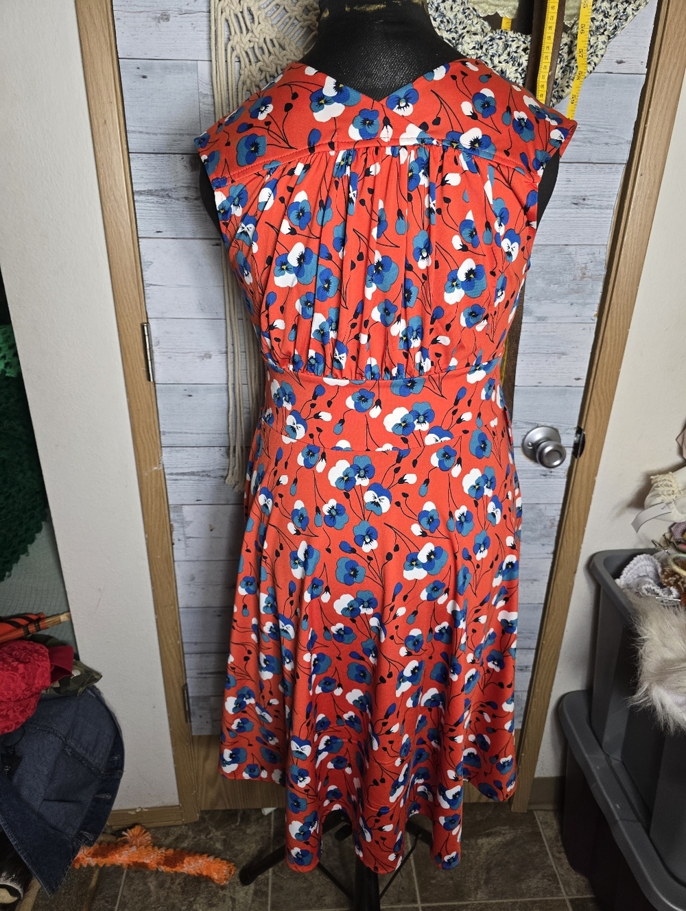 Karina Nora Dress Floral V-Neck Red Fit & Flare Modern Cottagecore Boho Chic - Picture 4 of 6